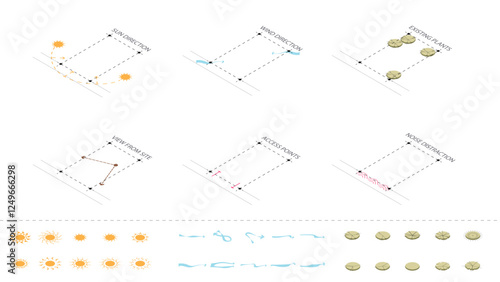isometric architecture site analysis symbol icon element drawing graphic flat isolated vector. architecture element line sun wind sound sun path vegetation.