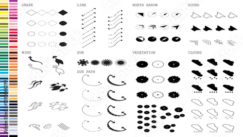 isometric architecture site analysis symbol icon element drawing graphic flat isolated vector. architecture element line sun wind sound sun path vegetation.