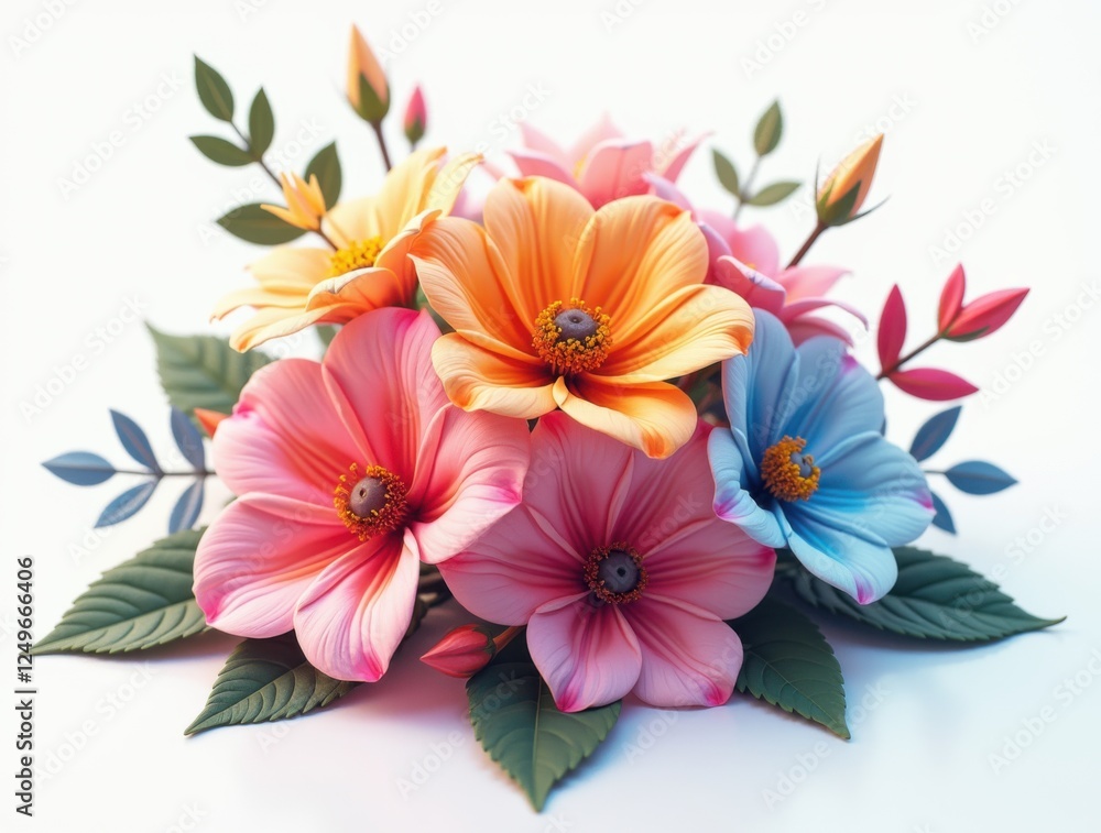 Obraz premium A stunning bouquet of fresh colorful flowers arranged elegantly on a white background, showcasing natural beauty and delicate petals.