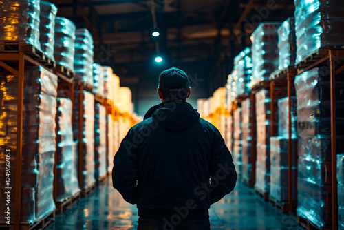 A man standing in a warehouse looking at a large warehouse filled with boxes