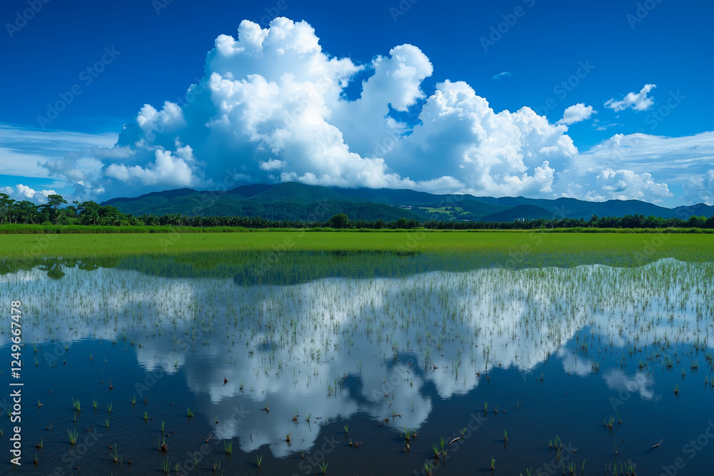 A large body of water surrounded by a lush green field A large body of water surrounded by a lush green field