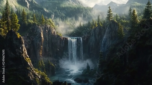 Majestic waterfall cascading down mountain cliffs, misty forest background, nature scene, idyllic travel poster