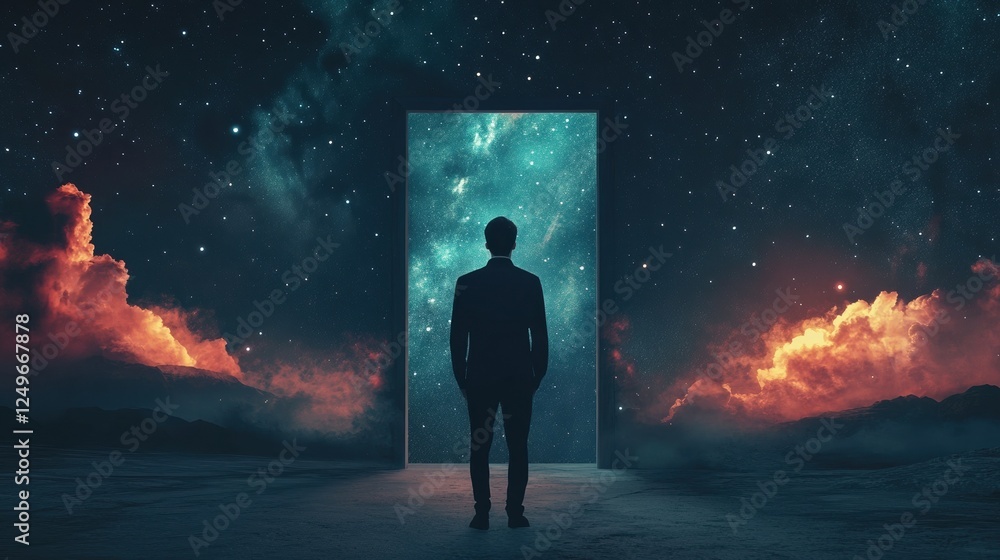 Fototapeta premium Back view of young businessman standing against keyhole door on starry sky background. Dream, success, opportunity and startup concept