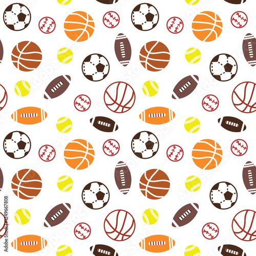 Football, baseball, basketball, and soccer ball seamless pattern. Repeating print for fabric, apparel, backgrounds, gift wrap, scrapbook paper, and more. Swatch tile included in eps file.