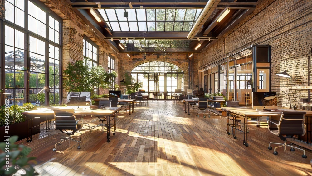Modern open office space with natural light and greenery fostering collaboration Modern open office space with natural light and greenery fostering collaboration