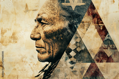 Double exposure technique captures the depth of American Indian culture through a unique, artistic portrayal of a Native elder. Generative AI
