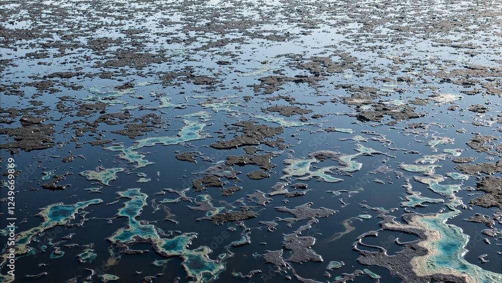 Environmental disaster Toxic oil spill creating mesmerizing patterns on a freshwater lake symbolizing pollution and natures fragility Environmental disaster Toxic oil spill creating mesmerizing patterns on a freshwater lake symbolizing pollution and natures fragility