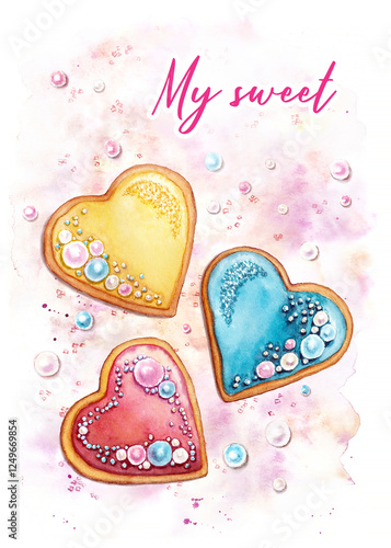 Vertical watercolor card with three heart-shaped cookies and pearls