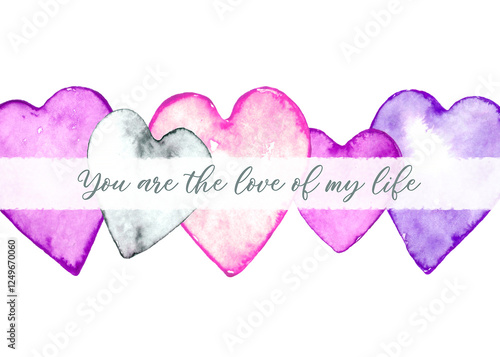 Love card with isolated watercolor hearts in pink tones