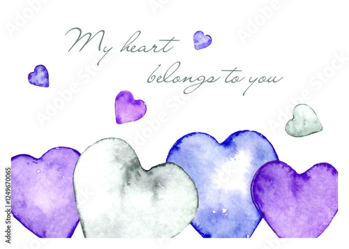 Watercolor card with hearts and greeting text in cool shades