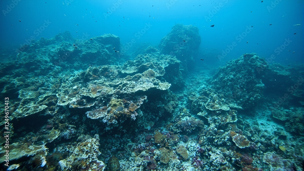 An eerie underwater scene of a devastated coral reef covered in oil spills showcasing the sad demise of marine life An eerie underwater scene of a devastated coral reef covered in oil spills showcasing the sad demise of marine life