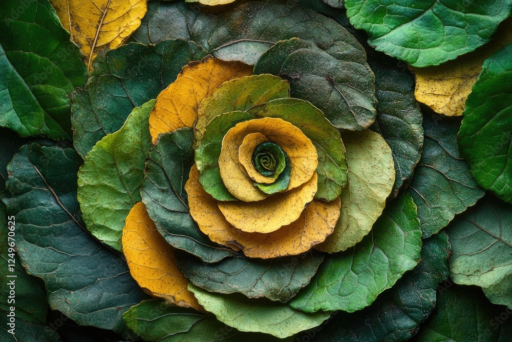 Fototapeta premium Autumn Leaves Rose: Nature's Art, Green and Yellow Leaves Arranged as a Flower