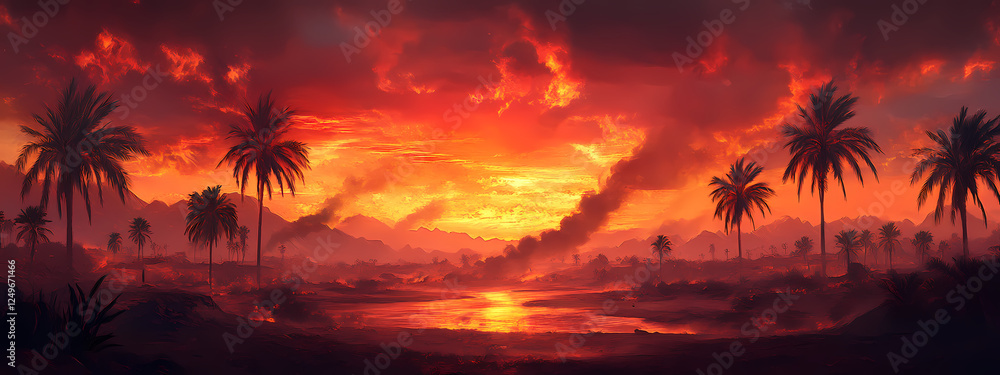 Obraz premium Desert Sunset with Palm Shadows and Rising Smoke