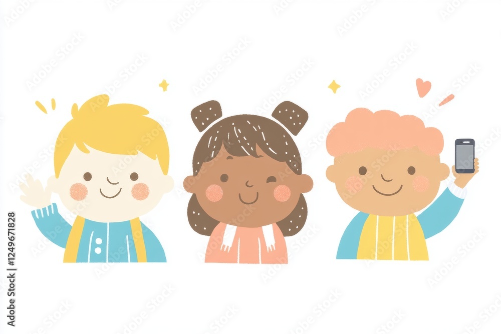 diverse people smiling and waving at the camera, one person holding a phone up to film or photograph the group Generative AI diverse people smiling and waving at the camera, one person holding a phone up to film or photograph the group Generative AI