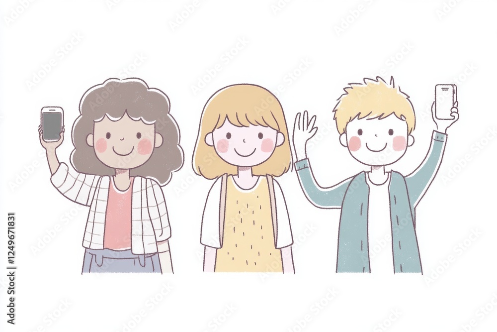 diverse people smiling and waving at the camera, one person holding a phone up to film or photograph the group Generative AI diverse people smiling and waving at the camera, one person holding a phone up to film or photograph the group Generative AI