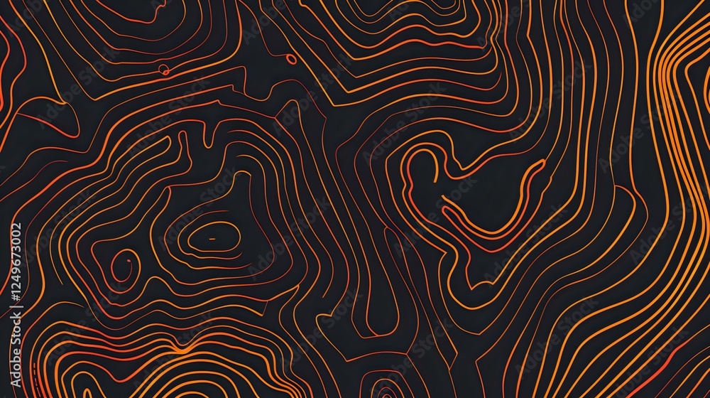 Obraz premium Topographic map pattern with orange elevation contour lines on dark background. Abstract terrain visualization creates dynamic flowing curves and shapes.