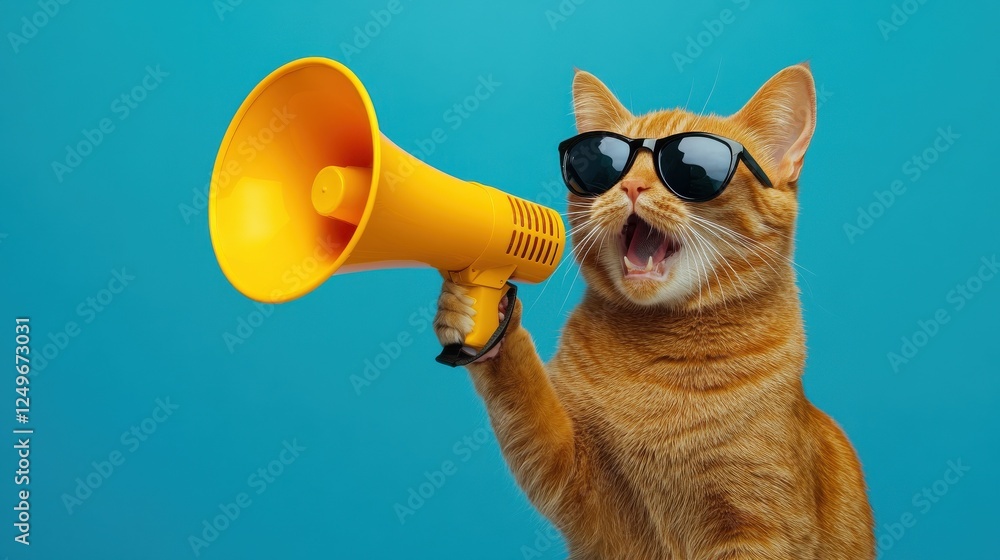 Fototapeta premium A red cat is wearing sunglasses and speaking into a yellow megaphone. Business sales and marketing, discount