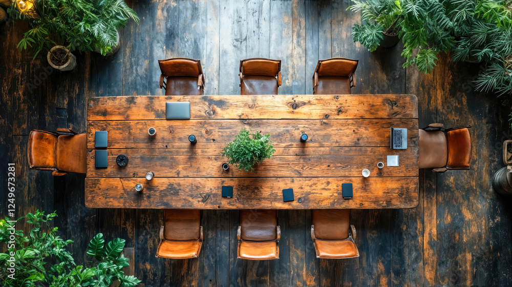 Stylish Workspace with Rustic Wooden Table and Gadgets for Team Collaboration