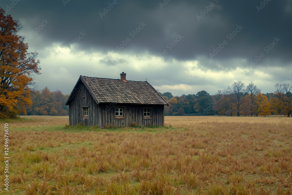 A small wooden house in the middle of a field under a cloudy sky A small wooden house in the middle of a field under a cloudy sky