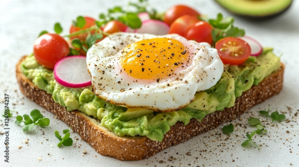 An appealing avocado toast topped with a sunny-side-up egg and garnished with sliced radishes and cherry tomatoes, embodying healthy breakfast trends. An appealing avocado toast topped with a sunny-side-up egg and garnished with sliced radishes and cherry tomatoes, embodying healthy breakfast trends.