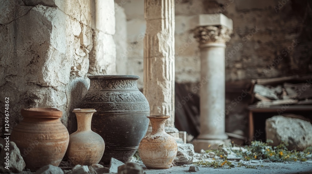 Broken ancient vases and Greek columns. Ancient Roman pillar. Ceramic archaeological pot. Antique traditional clay jar for wine. Vector cartoon illustration. Broken ancient vases and Greek columns. Ancient Roman pillar. Ceramic archaeological pot. Antique traditional clay jar for wine. Vector cartoon illustration.