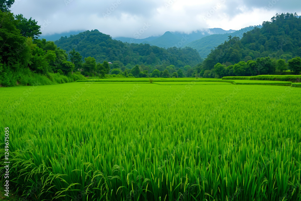 A field of green grass with mountains in the background A field of green grass with mountains in the background