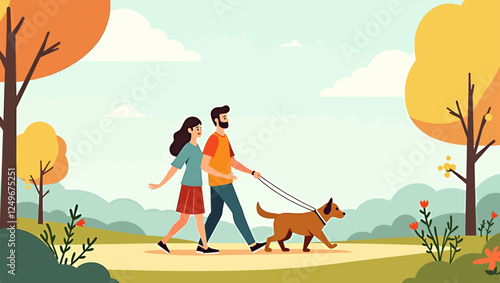 Couple walking with dog on spring or summer landscape vector illustration in flat style. Hello spring or summer template. Cartoon characters with dog on walk. Happy family walking over blooming trees.