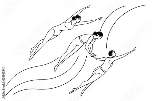 Minimalist figures swimming poses graceful line art design