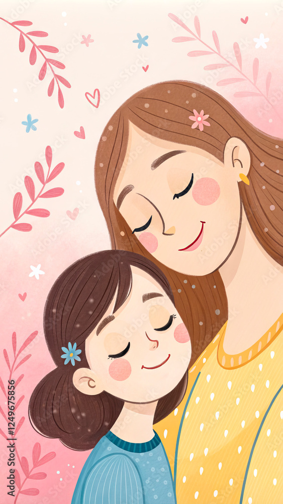 Mother And Daughter Sharing A Loving Moment, Soft Pastel Colors, Mothers Day Concept, Family Bond, Love And Affection, Happiness, Warm Illustration, Emotional Connection, Copy Space. Mother And Daughter Sharing A Loving Moment, Soft Pastel Colors, Mothers Day Concept, Family Bond, Love And Affection, Happiness, Warm Illustration, Emotional Connection, Copy Space.