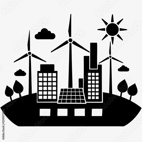 Eco-friendly energy city icon with wind turbines, solar panels, and buildings in black silhouette. Symbol of sustainability. Concept: green energy, smart city, renewable innovation.