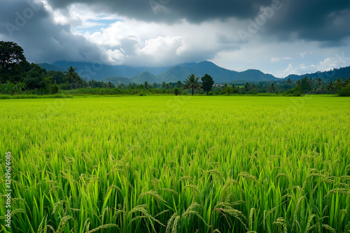 A field of green grass under a cloudy sky