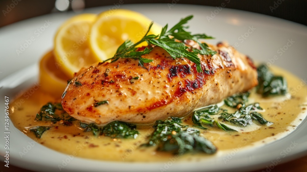 A succulent grilled chicken breast served on a bed of fresh spinach, drizzled with a zesty lemon sauce, garnished with lemon slices for an appealing presentation. A succulent grilled chicken breast served on a bed of fresh spinach, drizzled with a zesty lemon sauce, garnished with lemon slices for an appealing presentation.