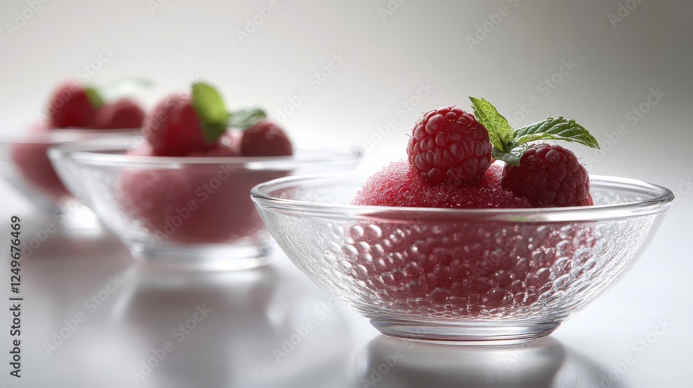 An elegant display of raspberry sorbet in crystal bowls, garnished with fresh mint, epitomizing refreshing summer desserts that are visually appealing and mouthwatering. An elegant display of raspberry sorbet in crystal bowls, garnished with fresh mint, epitomizing refreshing summer desserts that are visually appealing and mouthwatering.