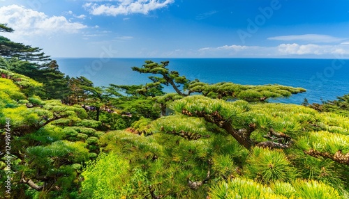 Oedo Island, Wahyeon-ri, Geoje-si, Gyeongsangnam-do, South Korea - April 8, 2018: Low angle and summer view of Kaizuka juniper on the garden of Oedo Botania photo