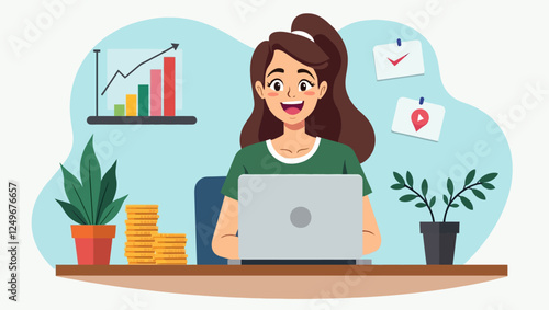 Happy successful businesswoman work online on laptop, making money online, financial income from web trading. Smiling woman freelancer get paid in internet, investment, dividends. Vector illustration.