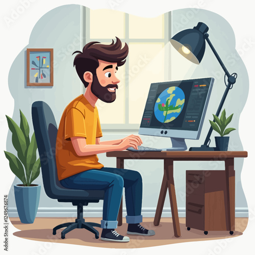 Guy animator designer in creative process vector illustration. Man motion designer sitting at workplace and working on computer. Freelancer graphic creator learn at online animation editor course.