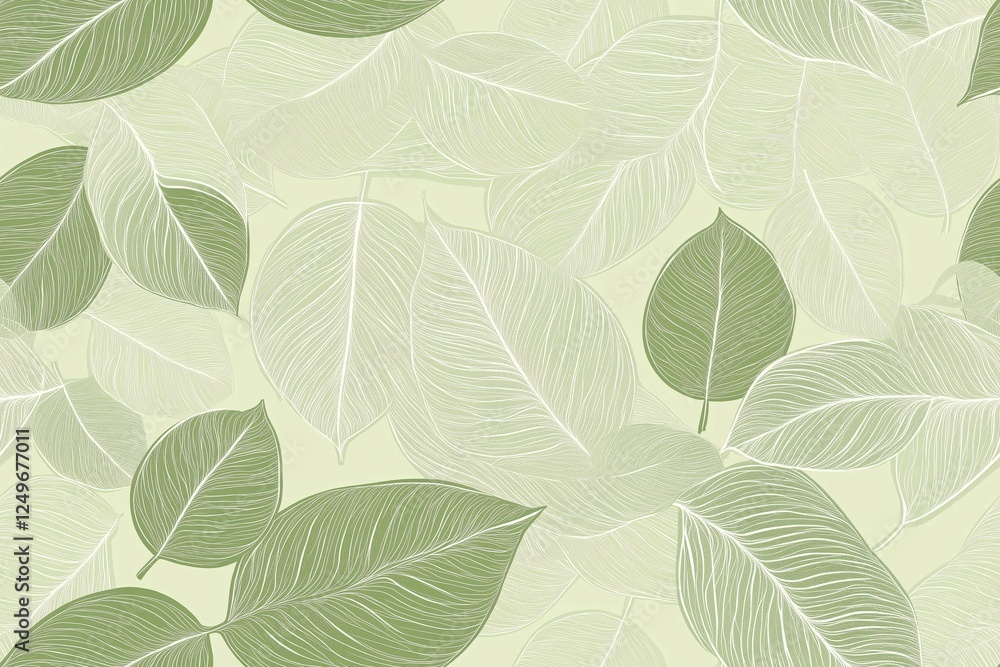 Padrão contínuo (seamless pattern) de folhas estilizadas em tons de verde com linhas delicadas em branco, criado com IA generativa. Padrão contínuo (seamless pattern) de folhas estilizadas em tons de verde com linhas delicadas em branco, criado com IA generativa.