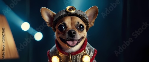 A whimsical closeup of a charming and funny small dog dressed in unique garments capturing its irresistible personality and bringing smiles