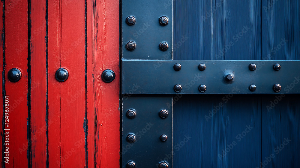 Fototapeta premium Rustic Wooden Door with Metal Rivets – Bold Red and Blue Industrial Design
