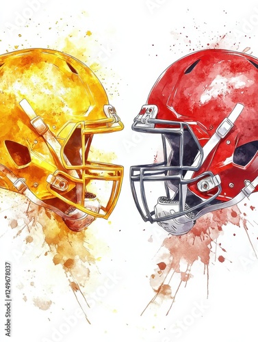 Two vibrant American football helmets, yellow and red, facing each other with splashes of watercolor. illustration photo