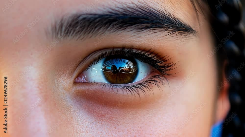 Close-up of a young girl's eye reflecting vibrant surroundings with intense detail and expression Close-up of a young girl's eye reflecting vibrant surroundings with intense detail and expression