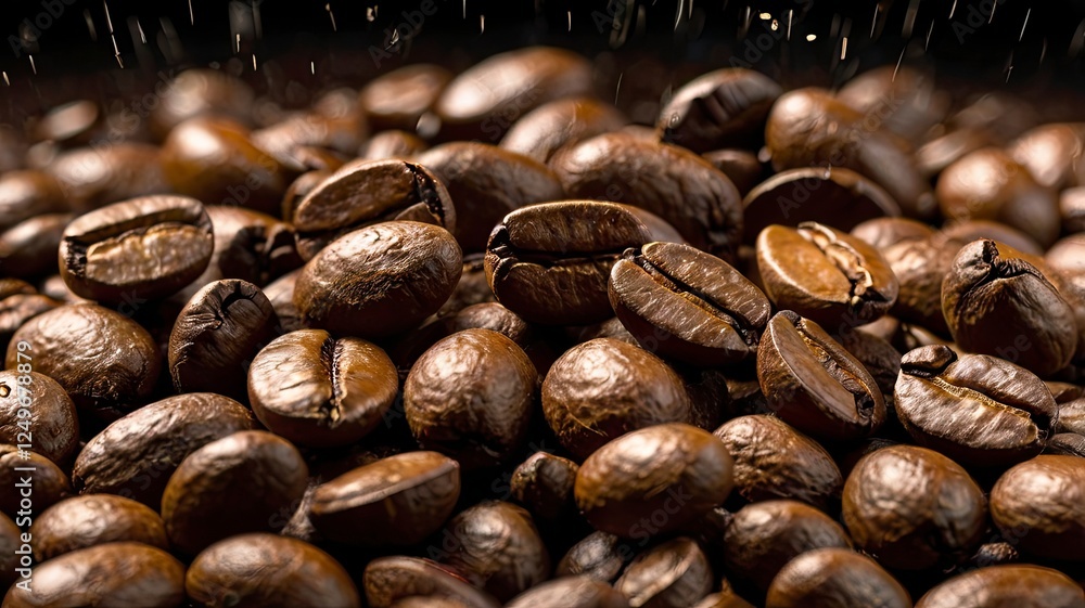 Fototapeta premium a close-up scene featuring roasted coffee beans falling onto a mound of beans