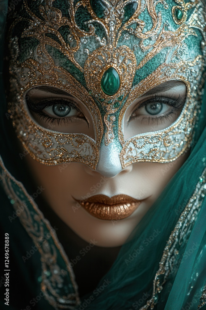 Mysterious woman in a Venetian mask with gold patterns, emerald embellishments, and an enigmatic gaze, carnival style, masquerade, elegance, luxurious accessory, theatrical look. Mysterious woman in a Venetian mask with gold patterns, emerald embellishments, and an enigmatic gaze, carnival style, masquerade, elegance, luxurious accessory, theatrical look.