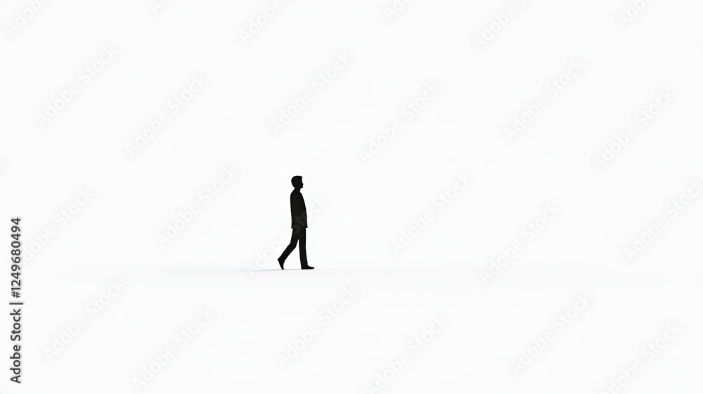 Silhouette of a person walking against a minimalistic white background, evoking solitude and contemplation Silhouette of a person walking against a minimalistic white background, evoking solitude and contemplation