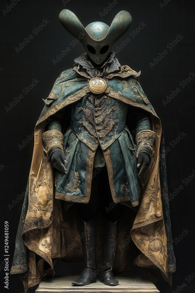 Mysterious figure in an ornate Venetian carnival costume with a horned mask, standing against a dark background. Mysterious figure in an ornate Venetian carnival costume with a horned mask, standing against a dark background.