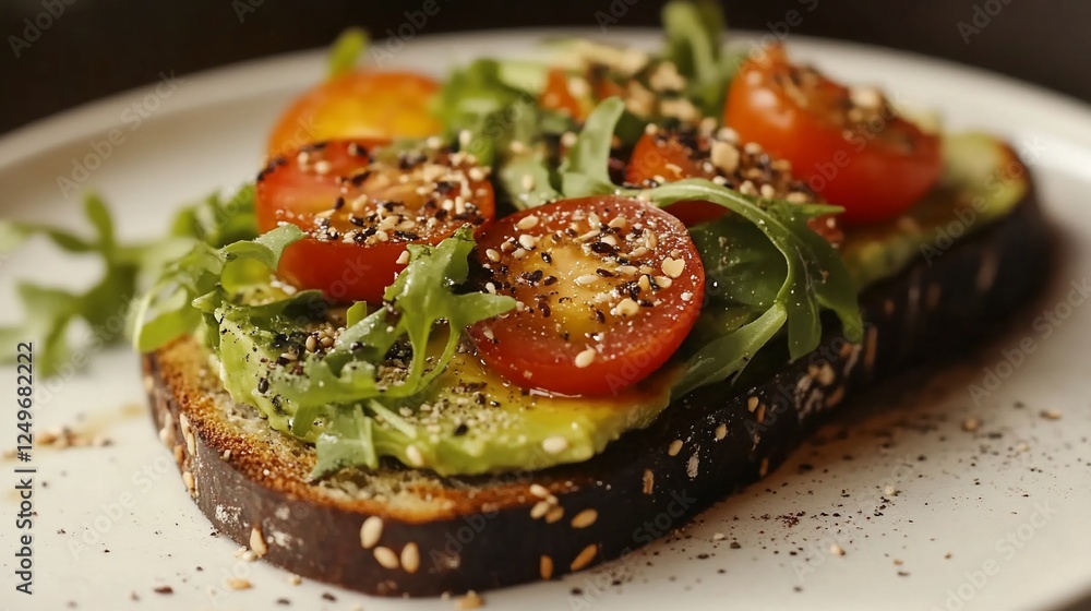 Avocado toast, cherry tomatoes, arugula, sesame seeds, restaurant setting Avocado toast, cherry tomatoes, arugula, sesame seeds, restaurant setting