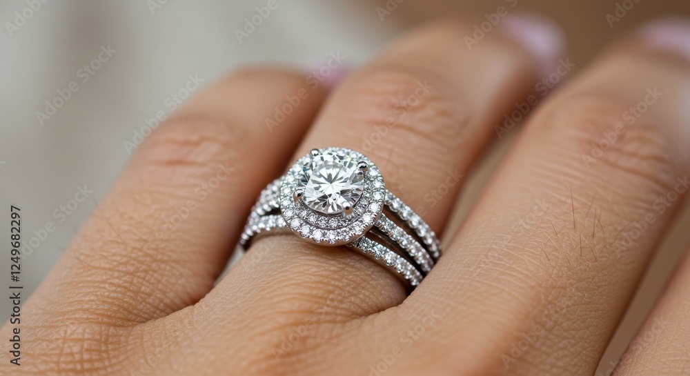 A close-up of a woman hand wearing a double halo engagement ring A close-up of a woman hand wearing a double halo engagement ring