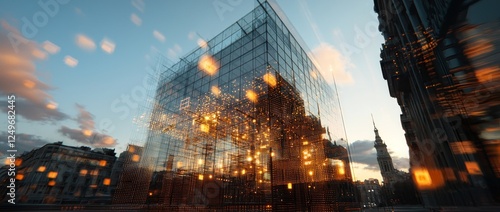 A smart city concept illustrated by a building adorned with digital network lines and glowing light nodes