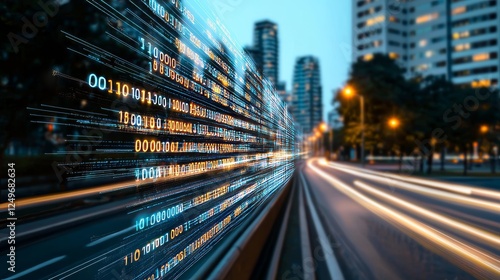 A smart city where holographic displays showcase data analytics within a cutting-edge office district, with a photorealistic portrayal that highlights advanced data processing and decision-making