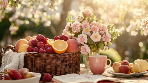 Sunny picnic arrangement with fresh fruits and blossoms